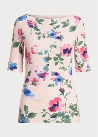Różowe damskie koszulki Ralph Lauren z rozciągliwej bawełny w kwiaty