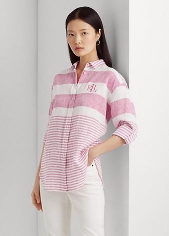 Różowe, damskie, lniane koszule w paski Ralph Lauren w rozmiarze oversize