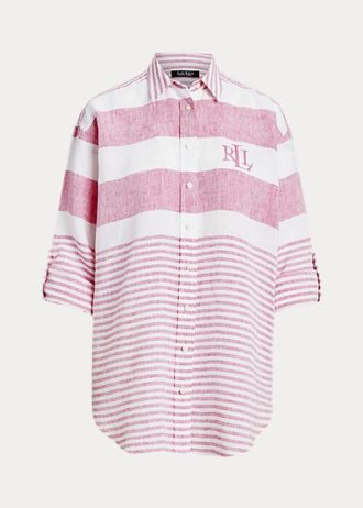 Różowe, damskie, lniane koszule w paski Ralph Lauren w rozmiarze oversize