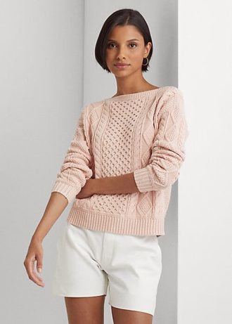 Różowe damskie swetry z bawełny Ralph Lauren Aran-Knit z dekoltem w łódkę