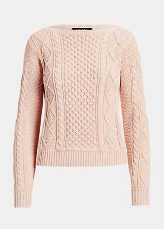 Różowe damskie swetry z bawełny Ralph Lauren Aran-Knit z dekoltem w łódkę