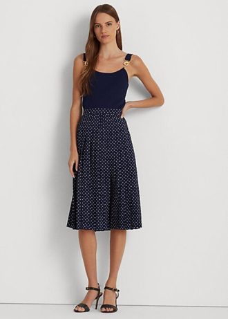 Spódnice plisowane z krepy w groszki marki Ralph Lauren w kolorze kremowym/granatowym