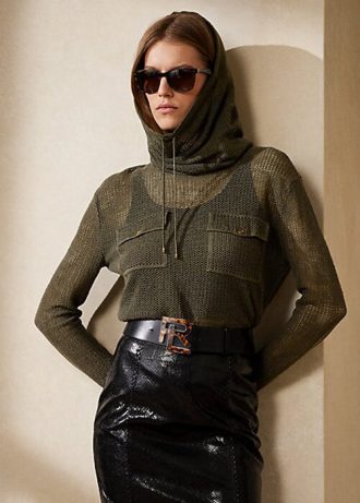 Swetry damskie Ralph Lauren z jedwabno-lnianej siateczki z kołnierzykiem typu „french” w kolorze oliwkowym