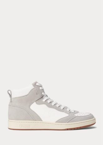 Szaro-białe męskie buty sportowe Ralph Lauren Court ze skóry i zamszu z wysoką cholewką