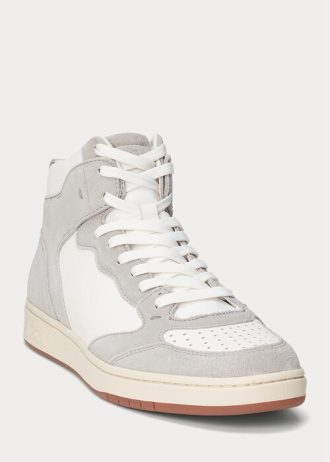 Szaro-białe męskie buty sportowe Ralph Lauren Court ze skóry i zamszu z wysoką cholewką
