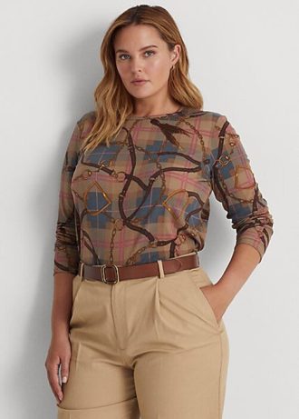 Wielokolorowe damskie bluzki z długim rękawem Ralph Lauren w kratę z elastycznej bawełny
