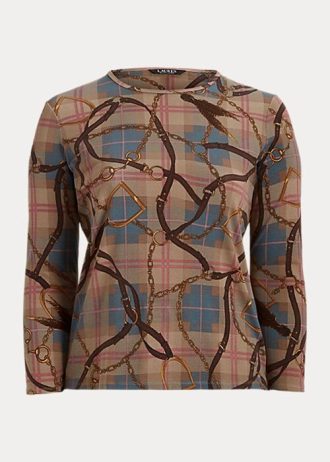 Wielokolorowe damskie bluzki z długim rękawem Ralph Lauren w kratę z elastycznej bawełny