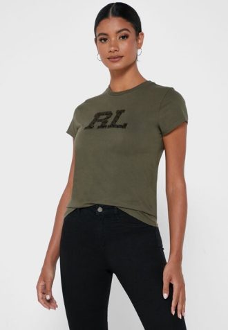 Zielone damskie koszulki Ralph Lauren z nadrukiem i okrągłym dekoltem