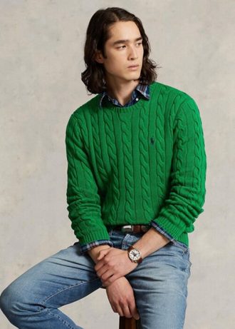 Zielony męski sweter Ralph Lauren z bawełny w splot kablowy